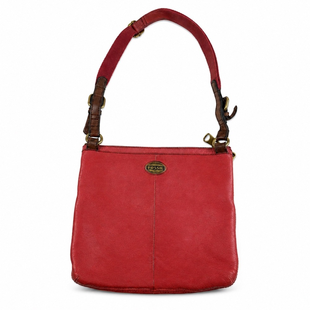 Fossil Vintage Y2K Red Leather Multi Pocket Distressed Hobo Crossbody Bag